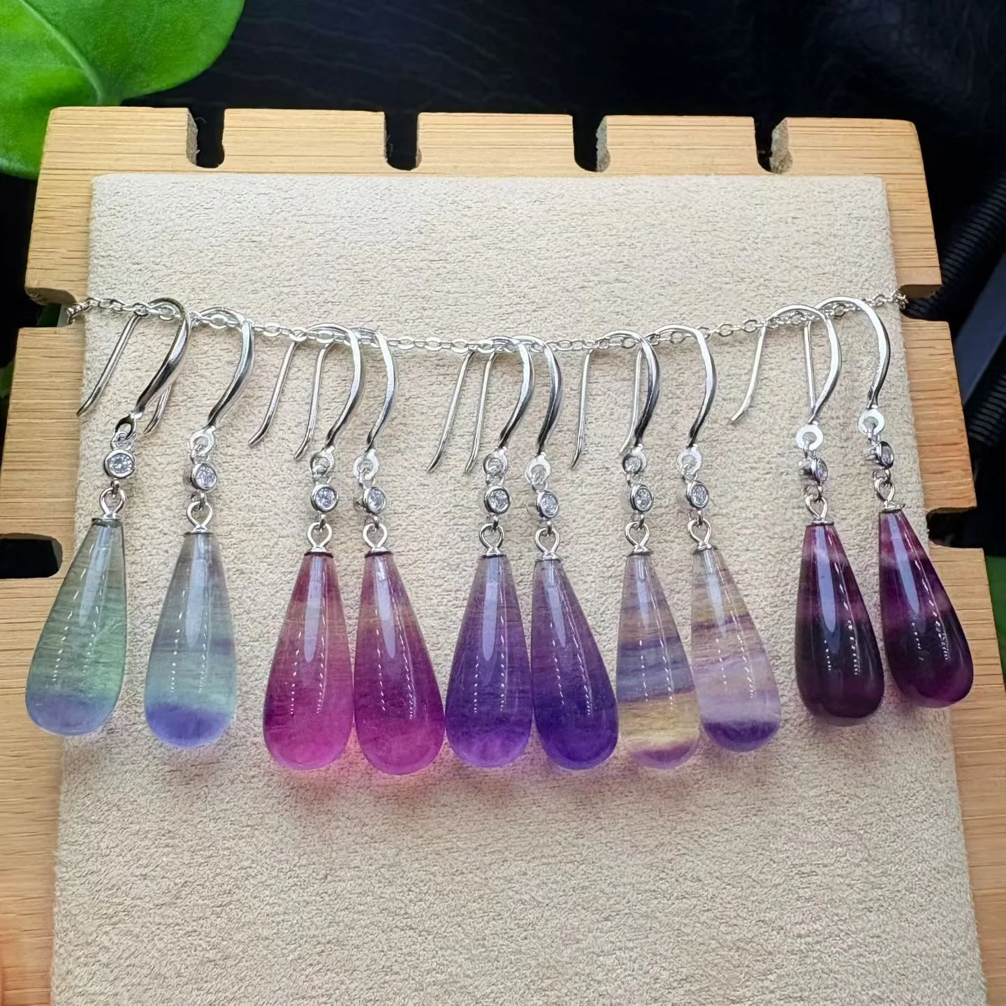 1 Pair Fengbaowu Natural Rainbow Fluorite Water Drop Earring 925 Sterling Silver Reiki Healing Stone Fashion Jewelry Gift