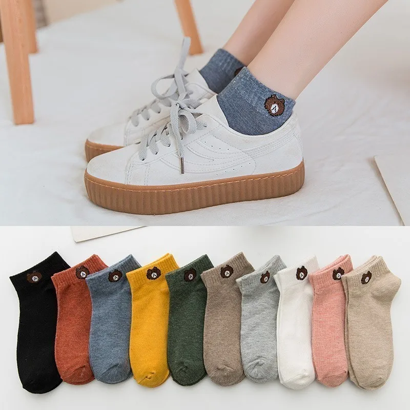 10 Paar Damen-Socken mit niedrigem Schlauch für Damen, lässiger Stil, bequeme Socken-Set, niedliches Bärenmuster, modisch, atmungsaktiv
