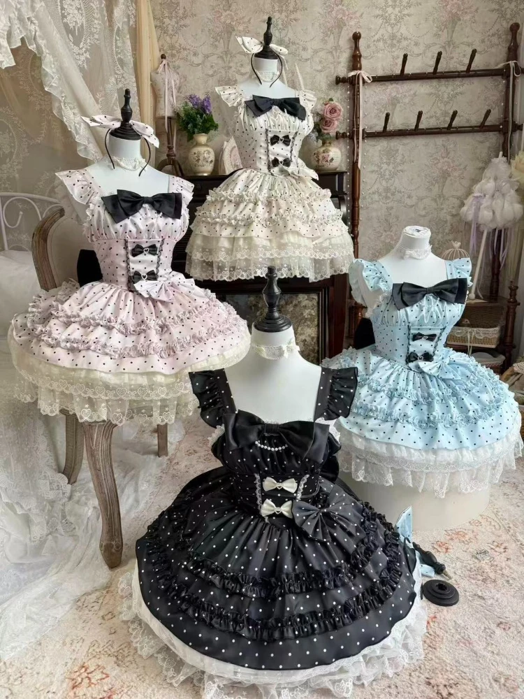Japanese Sweet Cute Polka Dot Print Lolita Dress Women Kawaii Fairy Slim Mini Dress Summer Elegant Fashion A-line Party Dress