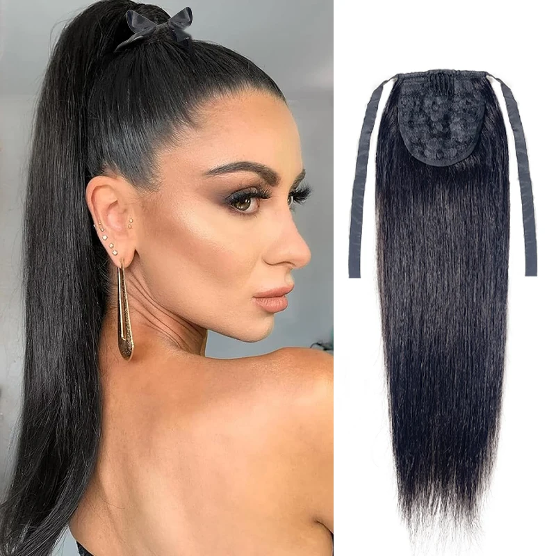 

100% человеческие волосы, 20 дюймов, ремешок, хвост, натуральный мягкий шиньон для женщин, наращивание, длинный прямой хвост