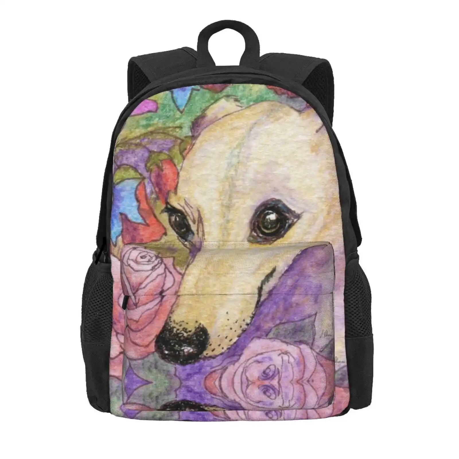 Shy Flower Whippet Greyhound Dog Hiding In The Garden Hot Sale Schoolbag Backpack Fashion Bags Dogs Whippets Greyhounds Roses