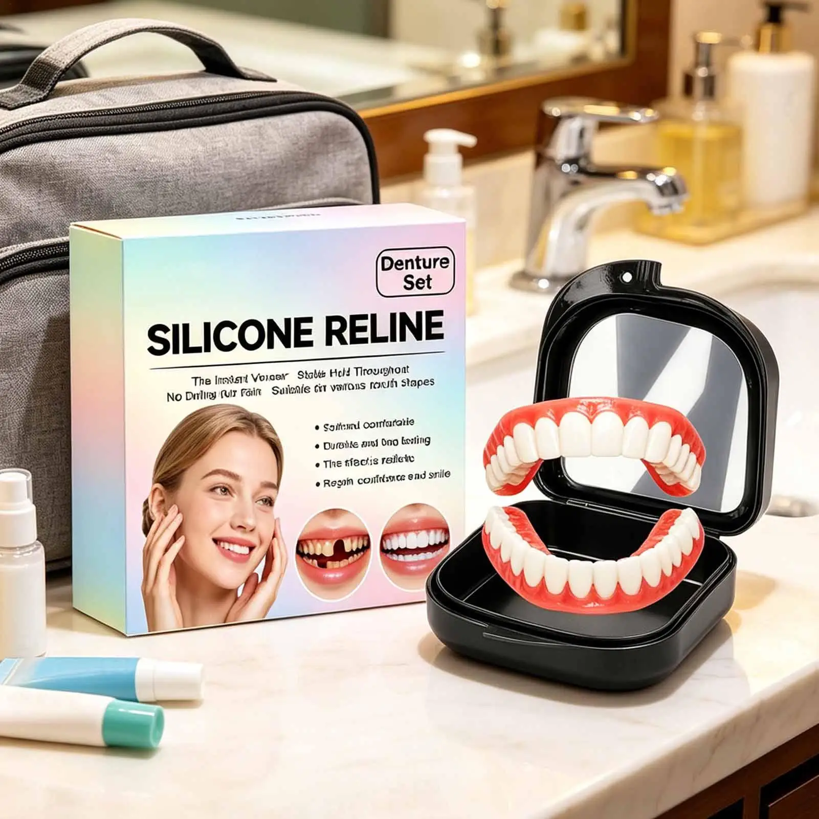 Natural Looking Temporary Denture Kit Upper Lower Teeth Smile Cover for Adults Men Women Home Travel Office Dating Photos