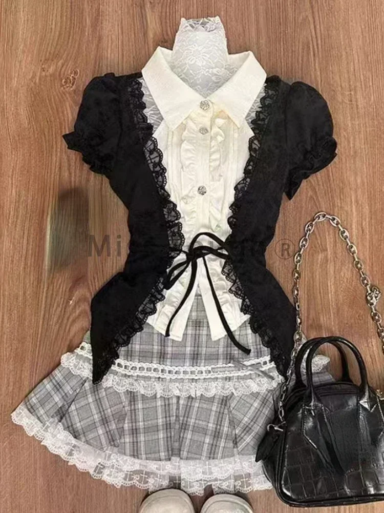 Japanese Kawaii Lolita Elegant 2 Piece Set Women Y2k Patchwork Vintage Kawaii Mini Skirt Suits Female Lace-up Chic Clothing 2024