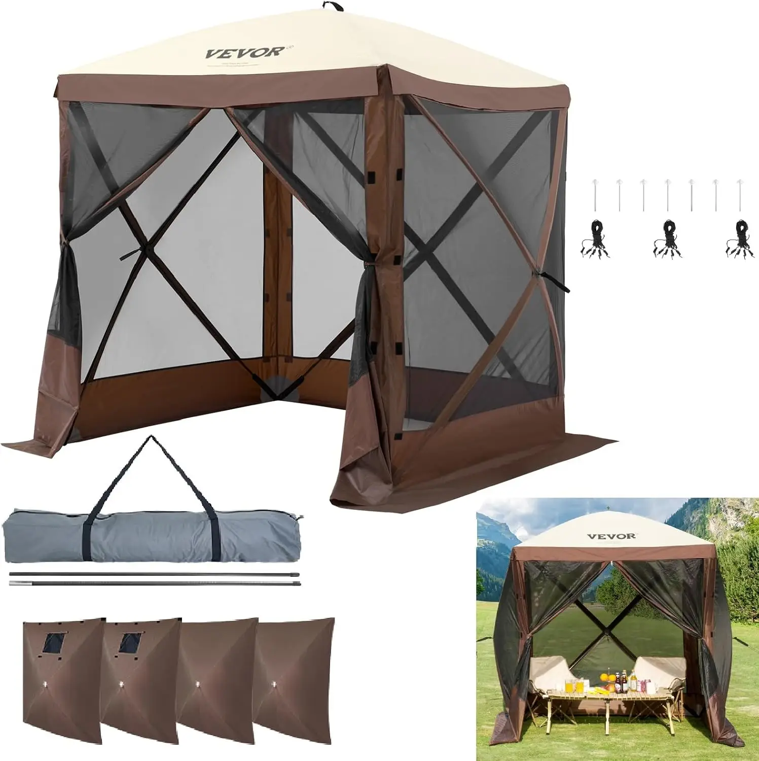 Pop Up Gazebo Tent, 6 x 6 ft 4-Sided Screen Shelter with Mosquito Netting, Mesh Windows and 4 Removable Privacy Wind Panels, Bro