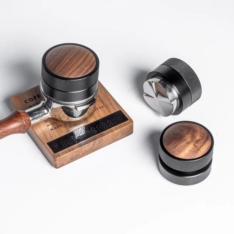 

51/53/58.35mm Coffee Tamper Walnut Wood Cap Adjustable Depth Coffee Distributor Calibrated Espresso Tamper Coffee Accessories