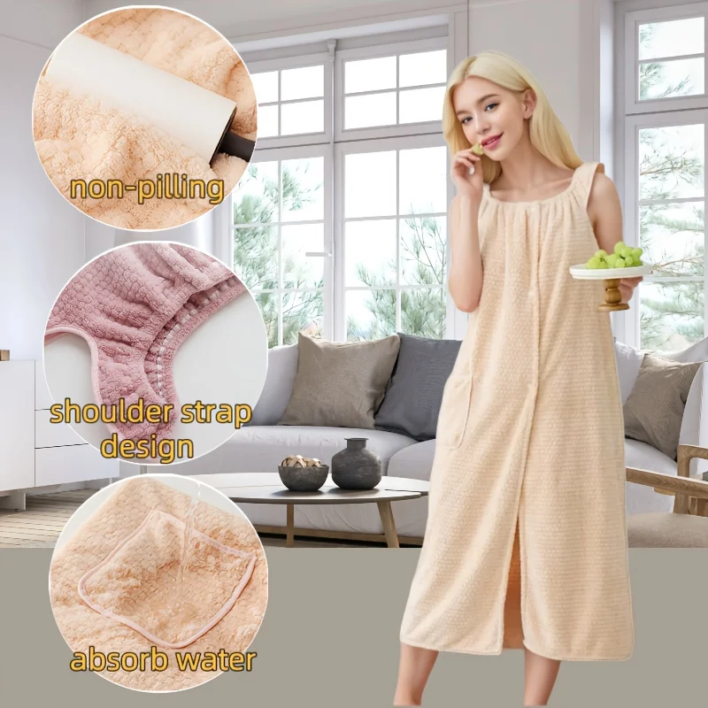 1 unidad de vestido de baño de forro polar coral beige de poliéster, sin mangas, con botones frontales y bolsillo, de secado rápido, para ducha o baño.