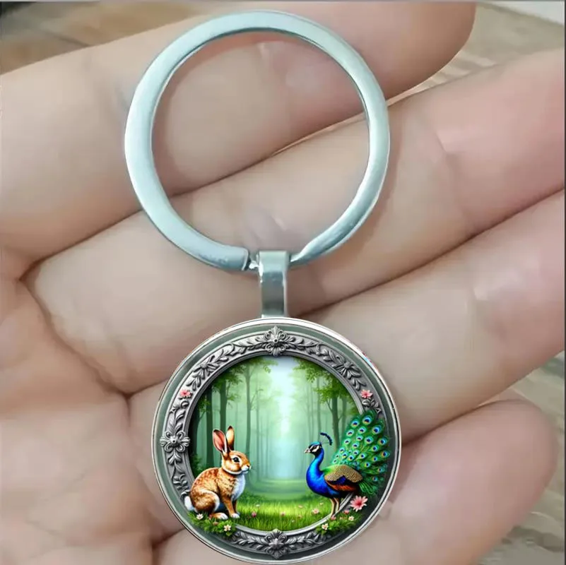 Round keychain, dreamy forest style, exquisite silver framed peacock rabbit themed keychain, perfect gift for Easter, birthdays,