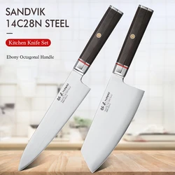 TURWHO 1-2pcs Sandvik 14C28N Stainless Steel Chef Knife Cooking Meat Cleaver Knife Octagonal Ebony Handle Kitchen Knives Set