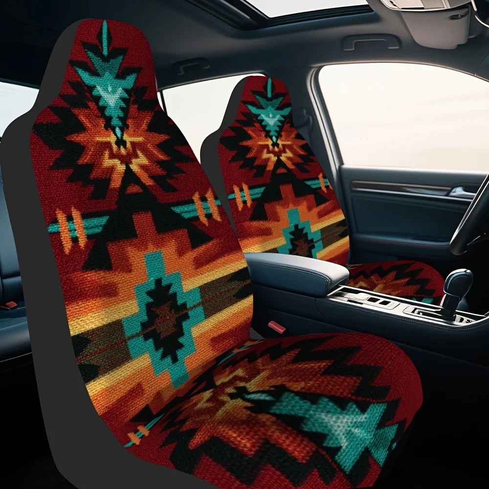 2pcs Modern Geometric Aztec Motif Front Seat Covers - Vibrant Red, Orange, Brown, Green, Yellow, Pink, Purple, Teal, Turquoise,