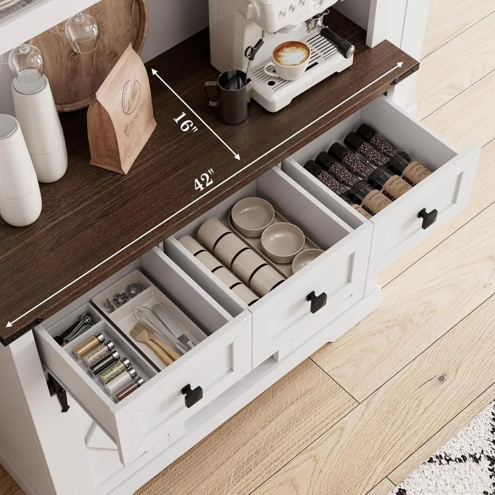 Mobile bar da fattoria da 72 pollici con anta scorrevole per fienile, buffet da cucina alto con cassettiera portaoggetti e 3 cassetti