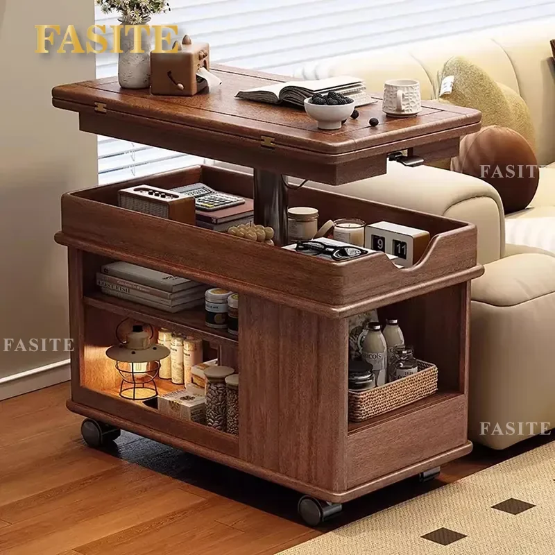 For Living Room All Solid Wood Walnut Foldable Lifting Coffee Table Movable Sofa Side Cabinet Multi-functional Trolley with
