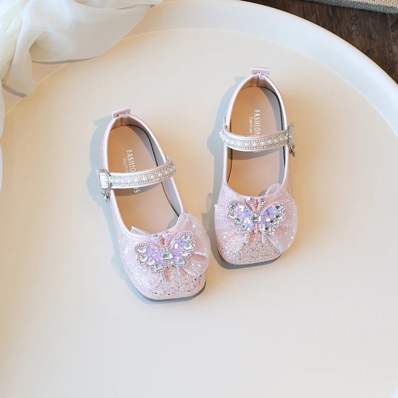 Kids Leather Shoe Spring Autumn Elegant Princess Shoes for Girls Sweet Butterfly Children Fashion Causal Performance Flat Shoes