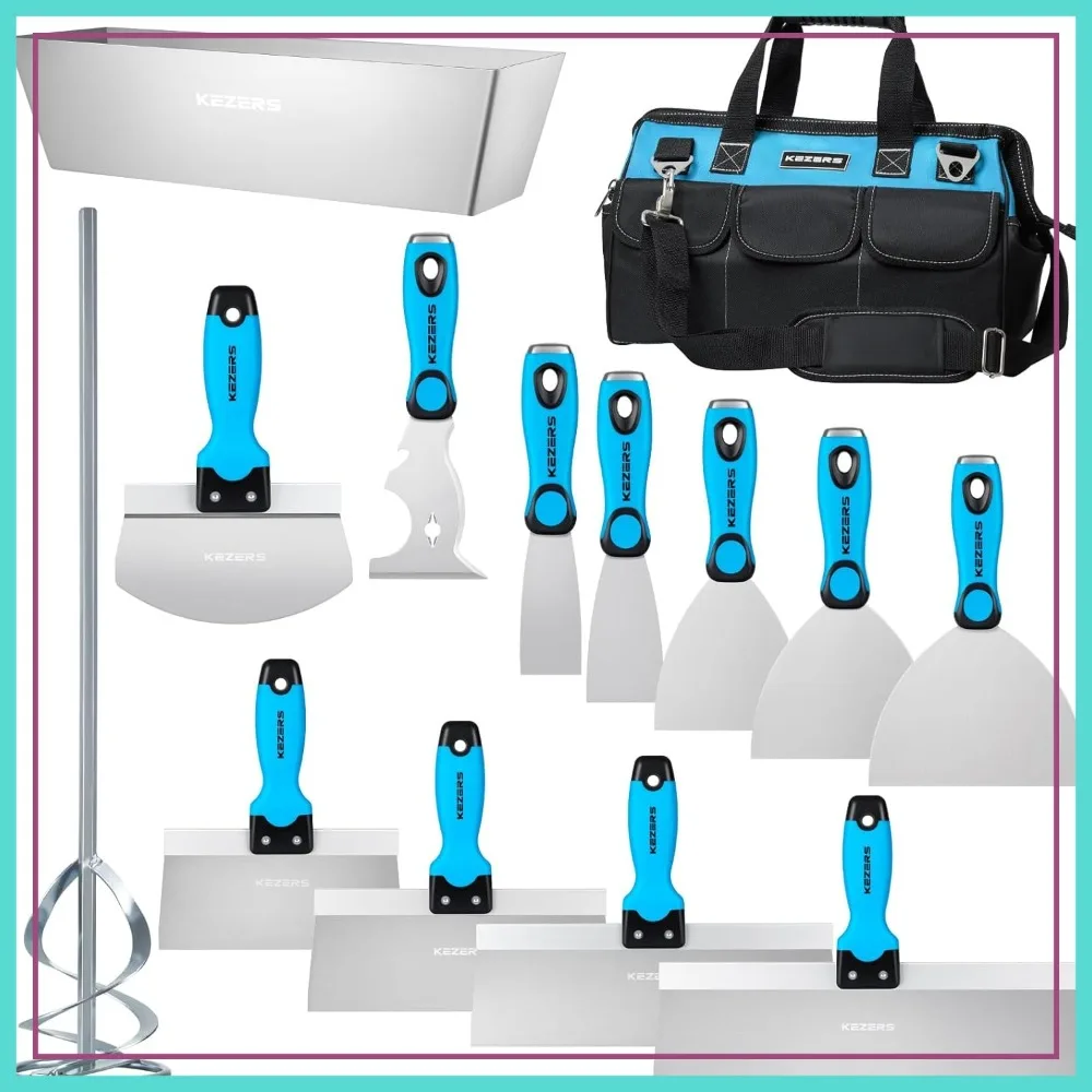 

14-Piece Drywall Hand Tool Kit: Putty Knives, Taping Knives, Mud Pan, Scoop, Scraper, Mixer & Bag