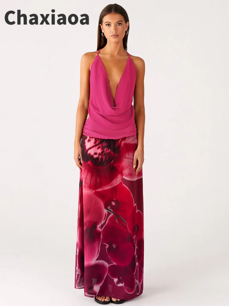 

Chaxiaoa Mesh Print Сексуальное платье Комплект женских топов на бретелях с глубоким v-образным вырезом и макси-юбка Одинаковые комплекты Женский элегантный клубный комплект из двух предметов