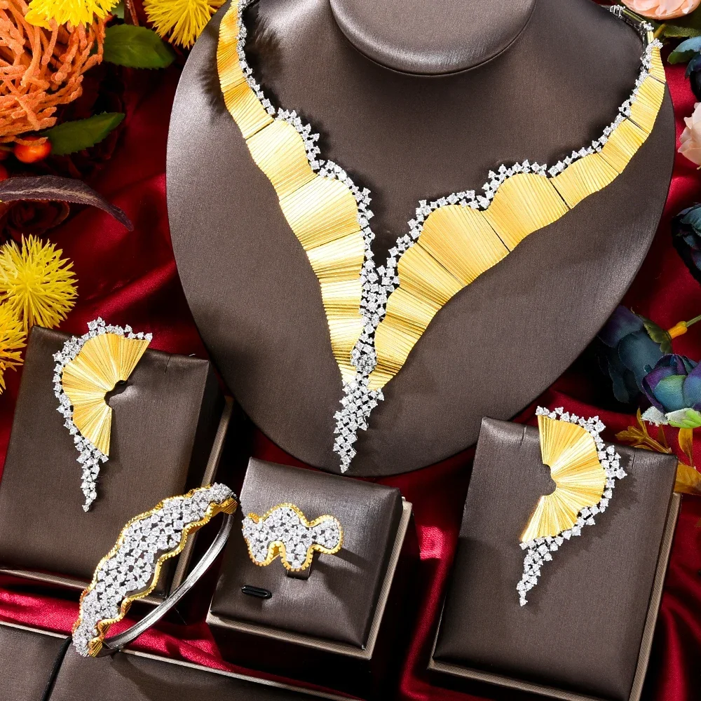 

Новый известный бренд, 4 шт., прозрачный CZ, роскошный комплект ювелирных изделий из ОАЭ для женщин, свадебная вечеринка, кристалл циркона, Дубай, свадебный комплект украшений, подарок