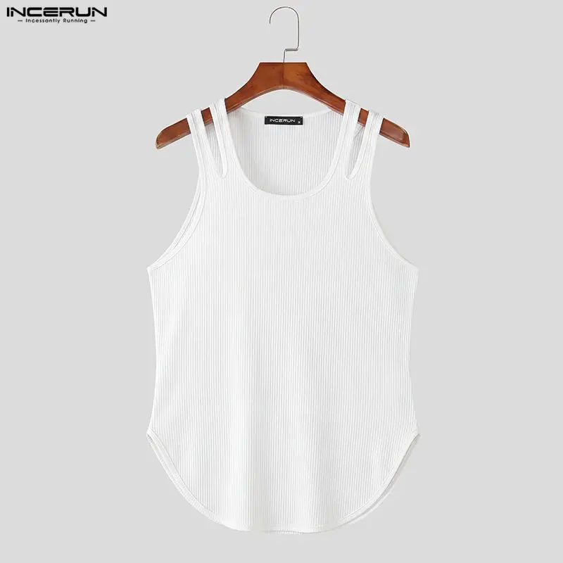 INCERUN Men's Tank Tops Solid Color Knitted O-neck Sleeveless Male Vests Summer Hollow Out Streetwear Casual Men Clothes Tops