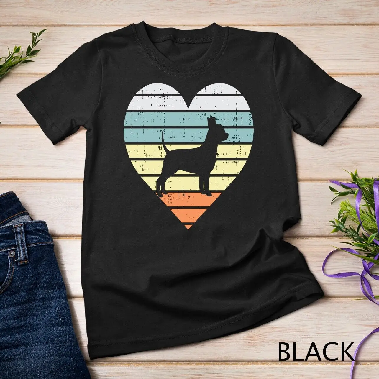 Chihuahua Silhouette Heart Sunset Retro Chiwawa Pet Dog Gift Unisex T-shirt