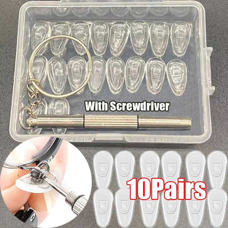 10pairs Eyeglasses Nose Pads with Screwdriver Soft Silicone Air Chamber Glasses Anti-slip Nose Pad Screw Replacement Repair Tool