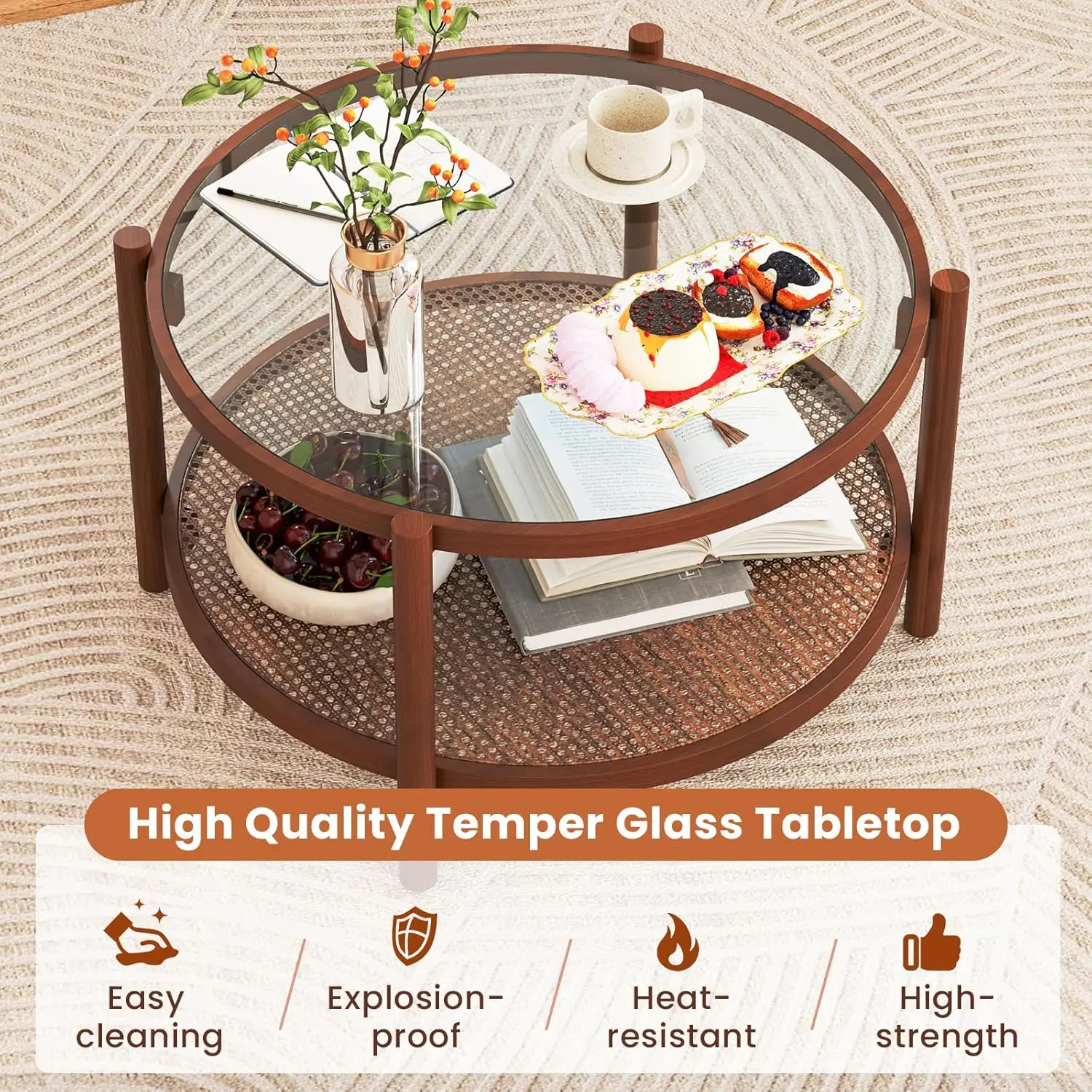 Boho 2-Tier Round Rattan Coffee Table - Glass Top with PE Rattan Storage Shelf & Wood Frame,