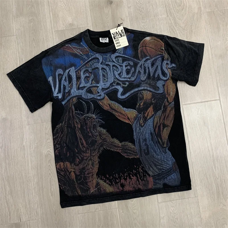 

VALLEY Funny Monster Print Short sleeve Black Washed Pure Cotton Vale tshirts