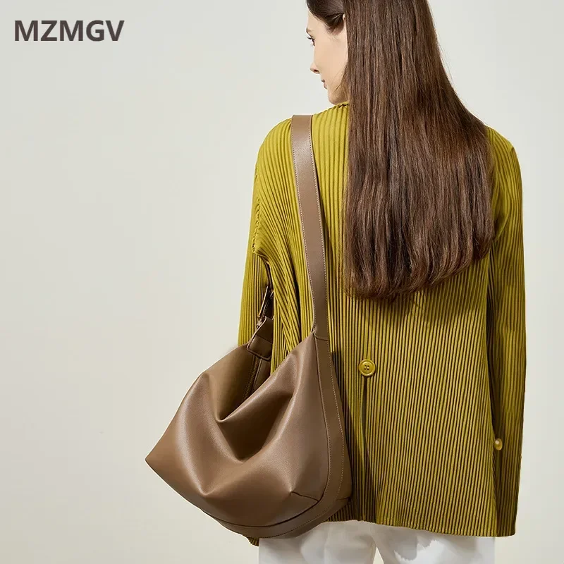 

High Quality Soft Genuine Leather Shoulder Bag Solid Color Large Capacity Hobo Bag Fashion Design Female Commuter Crossbody Bag