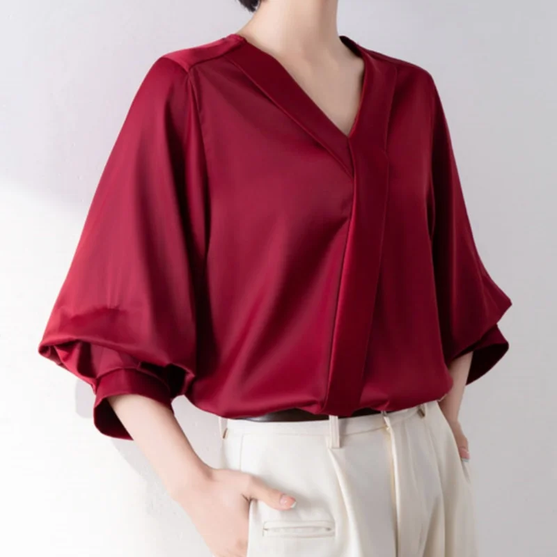 

Summer Front Cross V-neck Satin Women's Blouses 2025 New Red Short Sleeve Elagant Korean Office Lady Casual Loose Shirts Female
