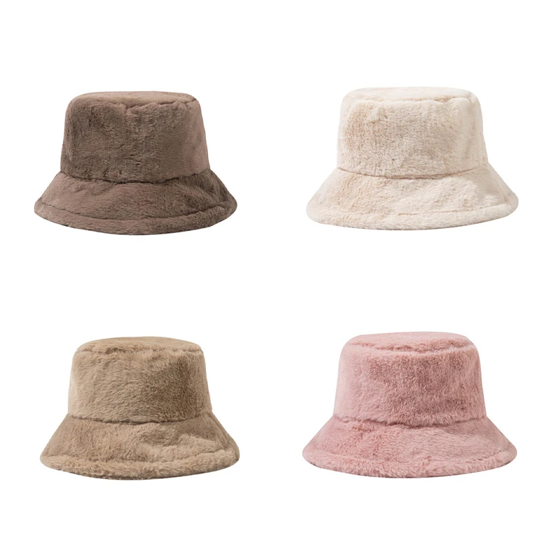 Soft Winter Plush Warm Bucket Hat For Women Girl Solid Color Fordable Wide Brim Panama Cap Outdoor Windproof Tour Basin Hats