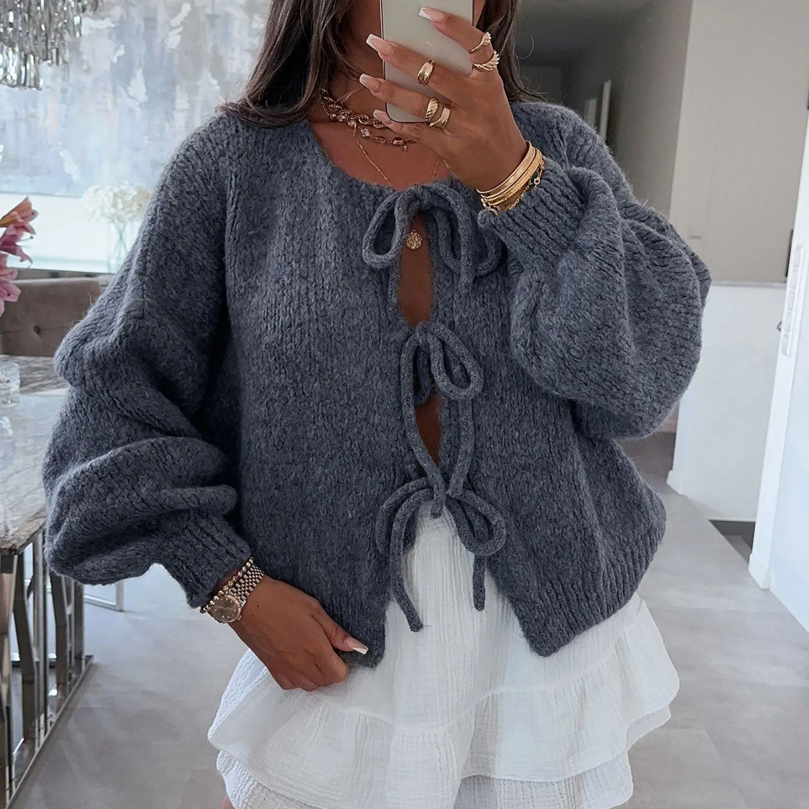 Women\'s Y2K Aesthetic Fall Tie Front Sweater Solid Color V-Neck Long Sleeve Loose Knitwear Cardigan