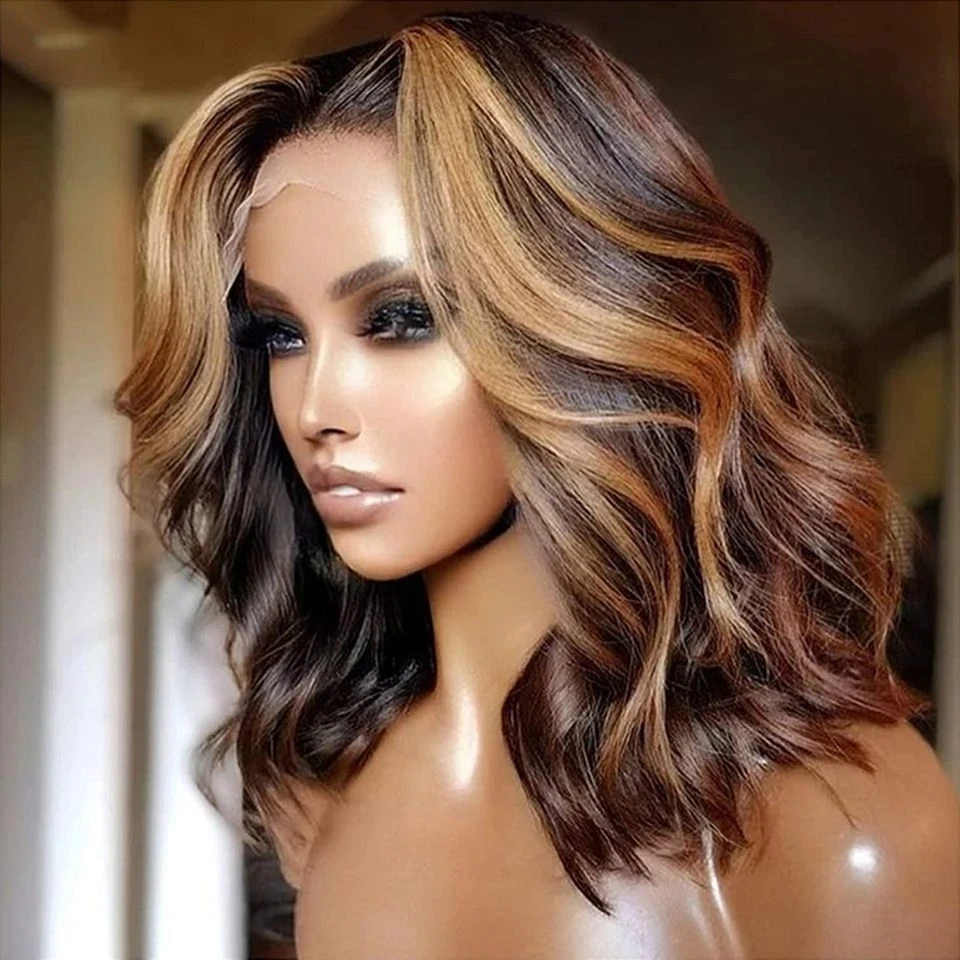 Gekleurde Accent Body Wave Bob 13X4 Lace Front Human Hair Pruiken Honingblonde 200% Body Wave 4X4 Lace Sluiting Pruik Voor Zwarte Vrouwen