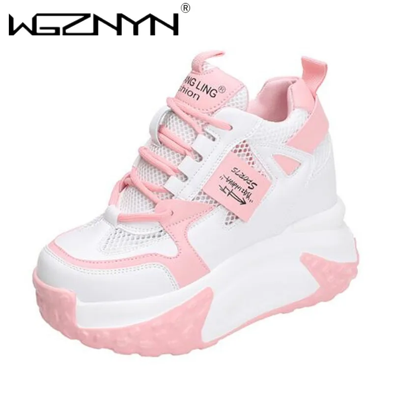 Women High Platform Casual Leather Shoes 2024 New Autumn Lace-up Chunky Sneakers 10CM Wedges Hidden Heels Leisure Shoes Woman