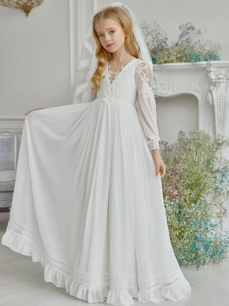 Flower Girl Dress White Chiffon With Veil A-line Appliques Long Sleeves Fit Birthday Formal Party First Communion Gown