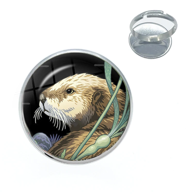 New Otter Ring Cute Animal Art Picture Glass Dome Jewelry Kids Handmade Jewelry Rings