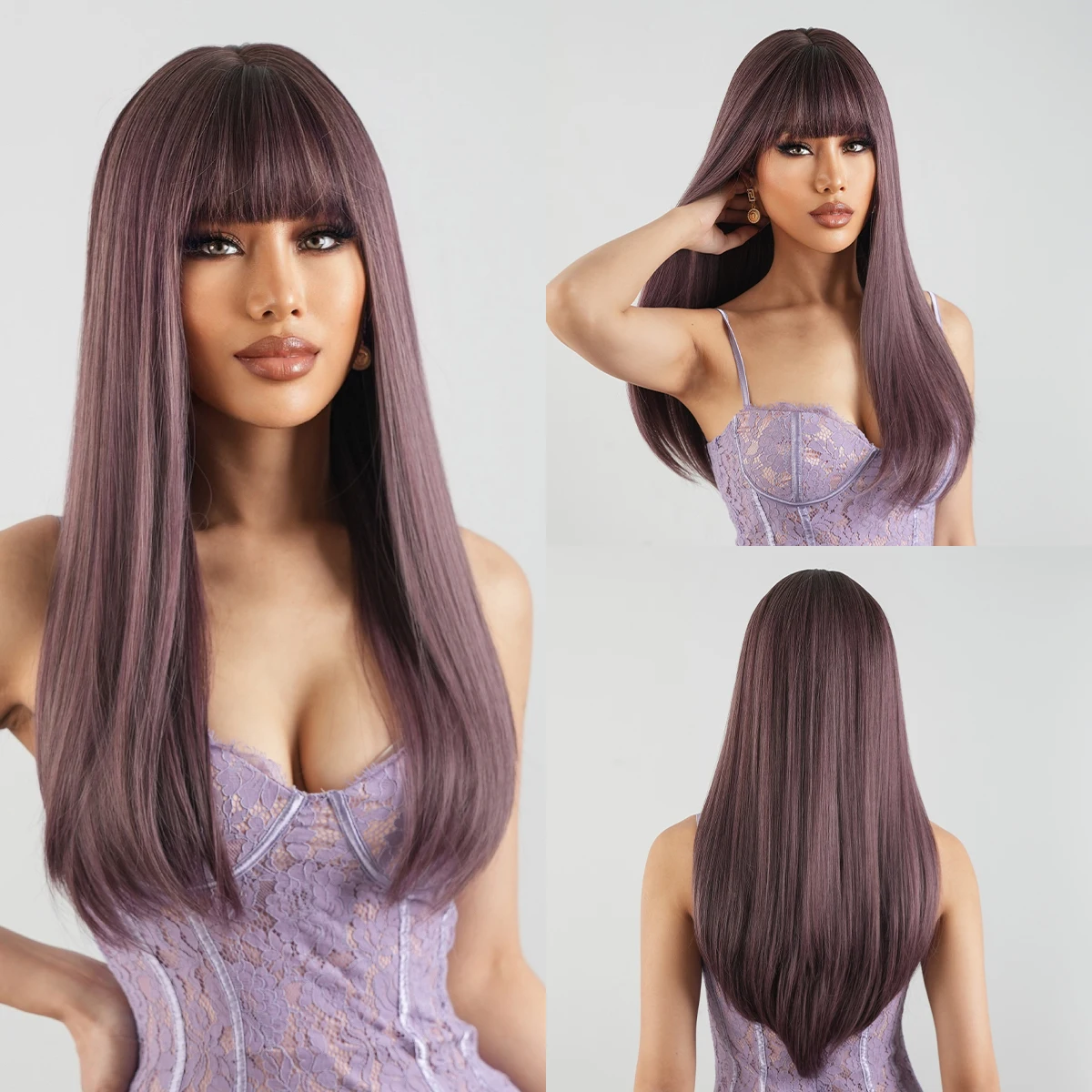 

ESIN Long Straight Colorful Synthetic Hair Wig with Bang Dark Purple Party Wig for Women Lolita Cosplay Fake Hair Heat Resistant