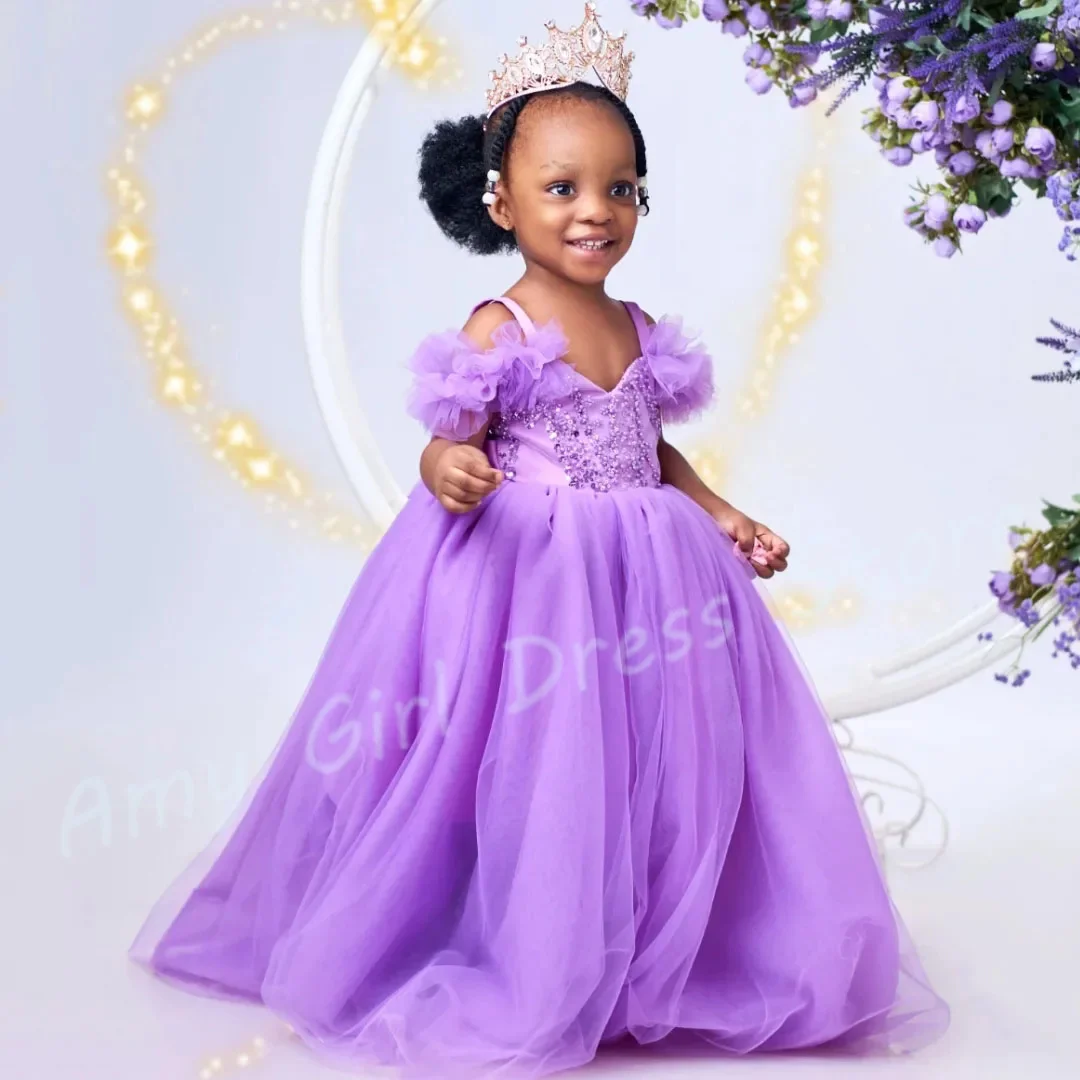 

Customized Purple Flower Girl Dress For Wedding Sequins Floor Length Toddler Birthday Photo Shoot First Communion Pageant Gown