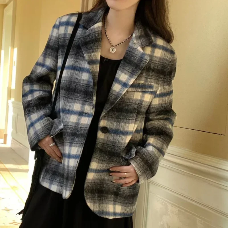 Autumn Winter Small Fragrance Tailored Quilted Coat Women's Korea Casual Loose Office Woolen  Plaid Fashion French Female Jacket