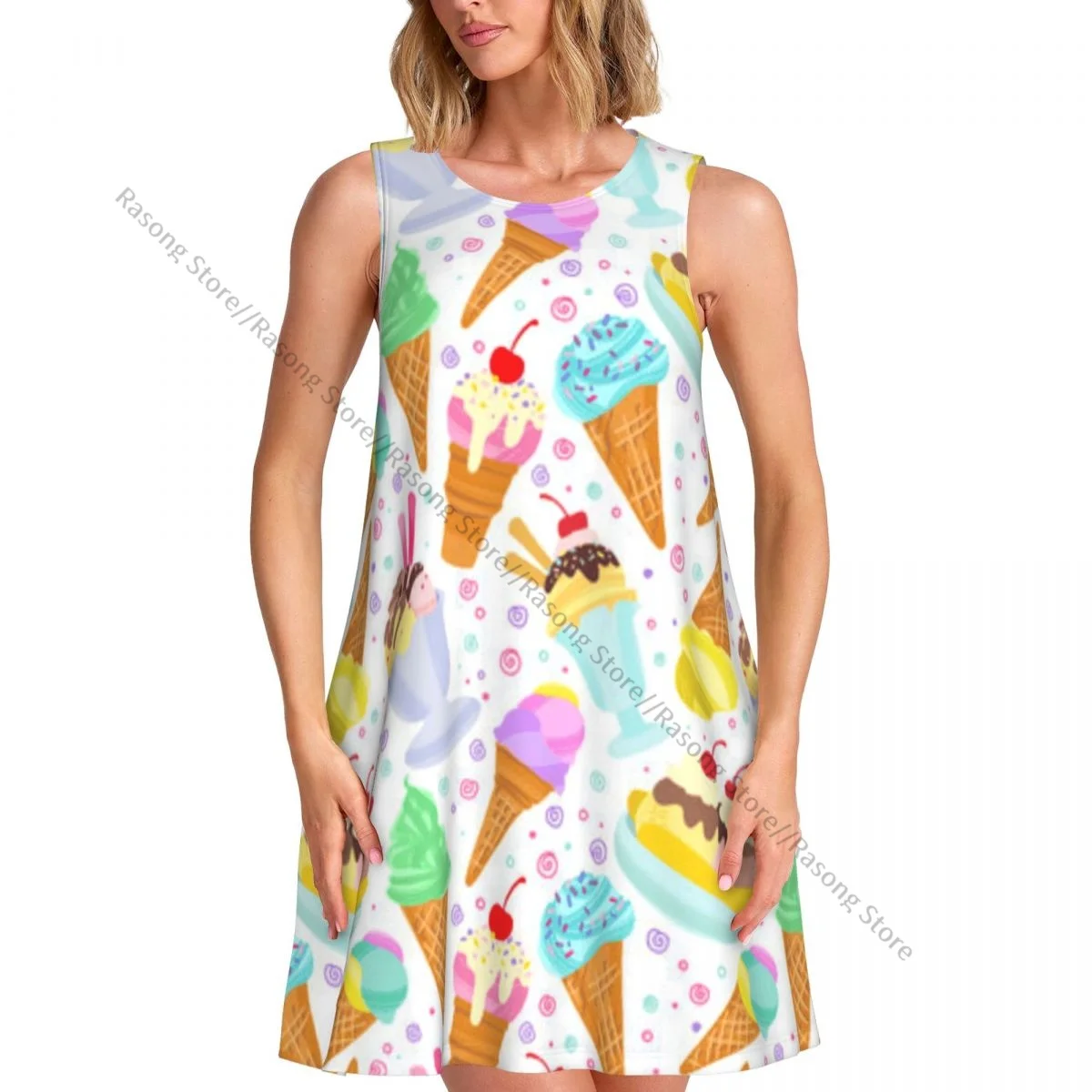 Damenkleid Sommer Lässiges T-Shirt-Kleid Strandkleid mit Eiscreme-Dessert-Muster Tanktop-Kleid