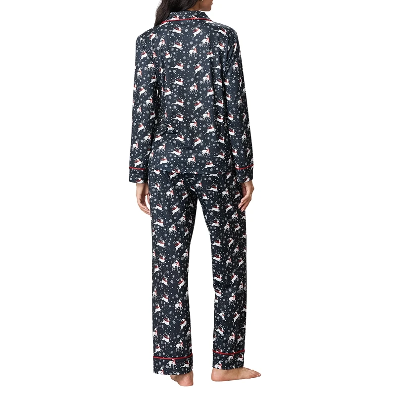 Christmas Elk Print 2 Piece Pajamas Set Button Shirt + Wide Leg Pants for Women Loungewear Comfy Soft Sleepwear Festival Costume