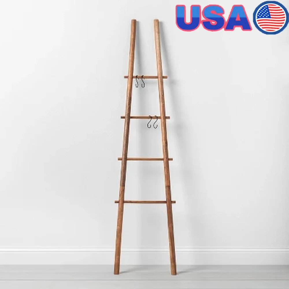 Escalera decorativa para recoger manzanas, toallero de madera rústica, ganchos de 4 peldaños, No requiere montaje, decoración del hogar, 6 pies de alto