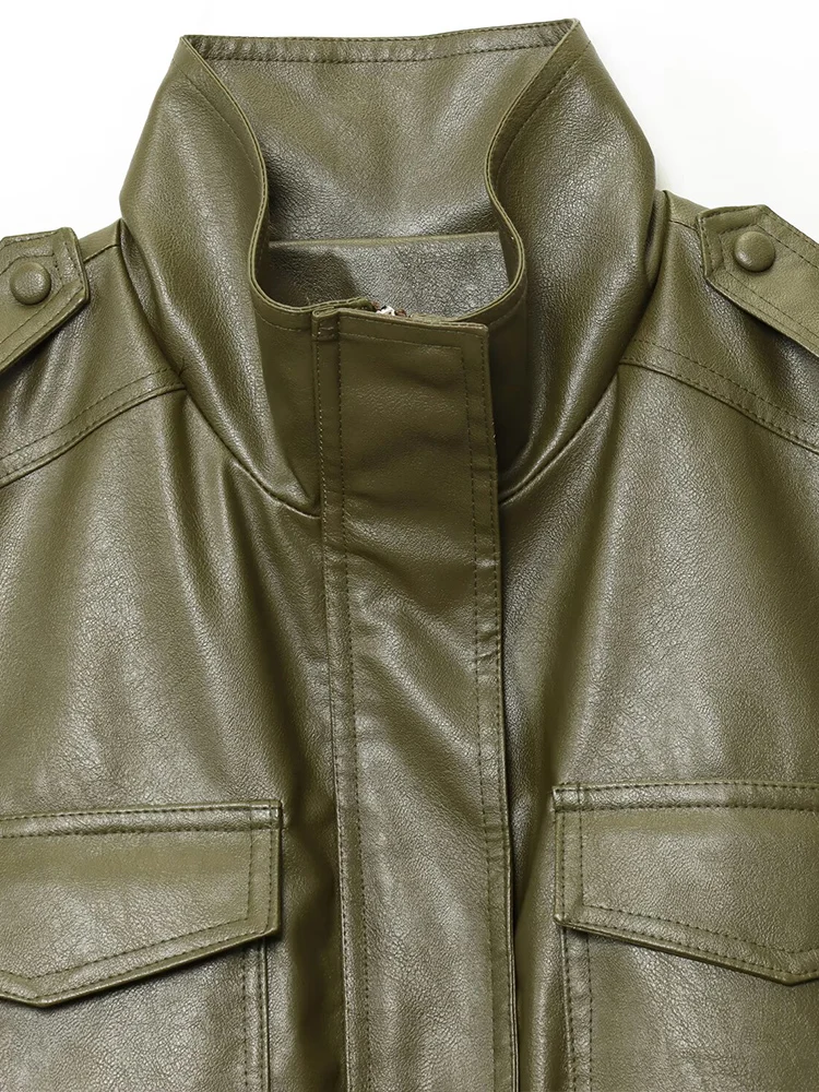 Nueva ropa de otoño de estilo europeo y americano para mujer, Chaqueta corta de manga larga con cuello levantado de piel sintética versátil