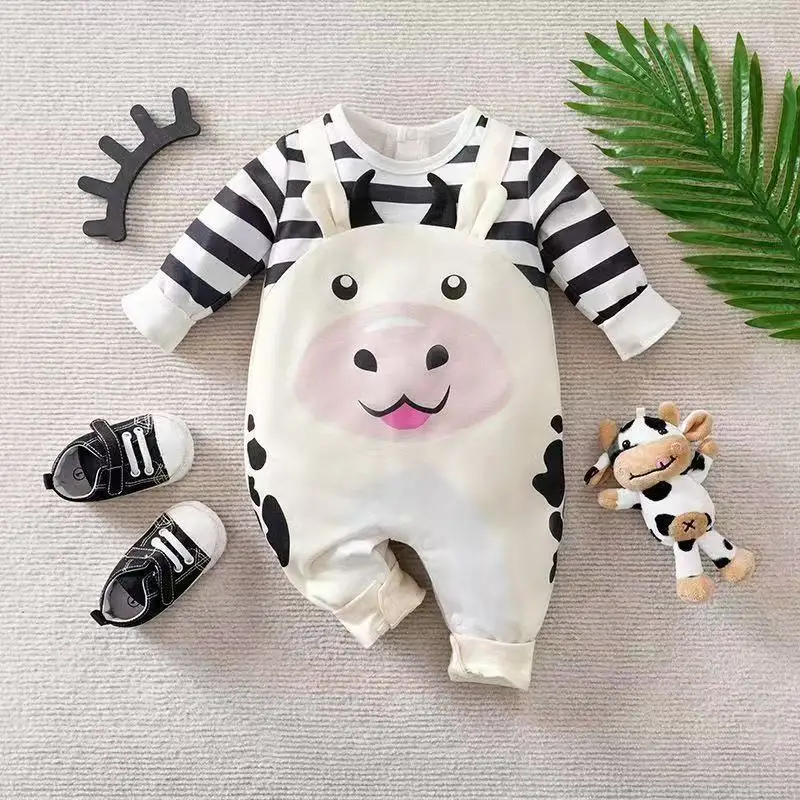 Spring Autumn Newborn Baby Boys Rompers Cartoon Cow Print Long Sleeve Jumpsuit Girls Bodysuit Cotton Kids Outfit Clothes 0-2T