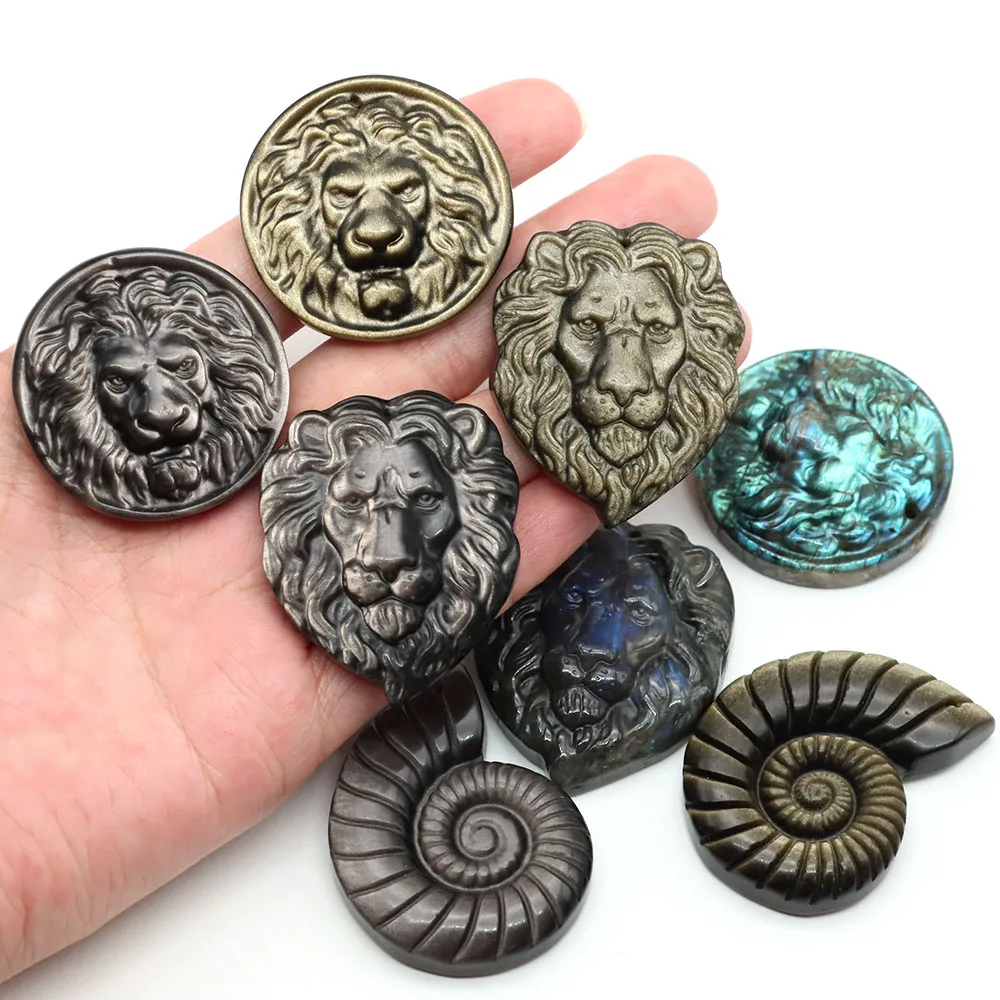Naturstein Löwenkopf-Anhänger Labradorit Obsidian Tigerauge Geschnitzter Edelstein für Schmuckherstellung DIY Halsketten-Zubehör – Detail 1