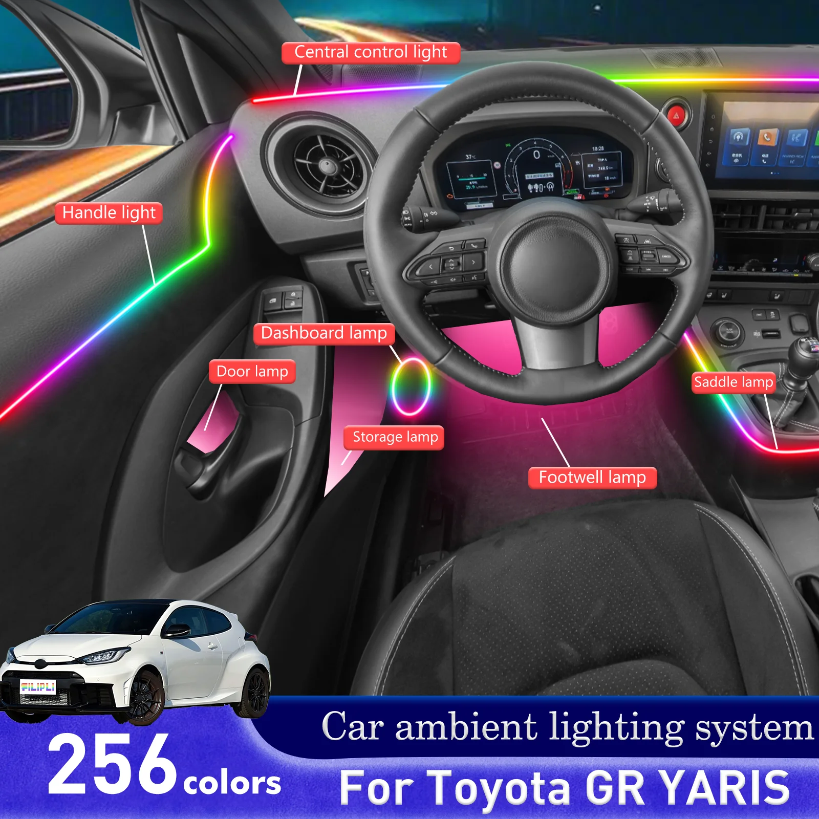 

For Toyota GR YARIS Car Interior Decorative Ambient Light RGB 64-Color LED Smart Remote Control Energy Saving Kit