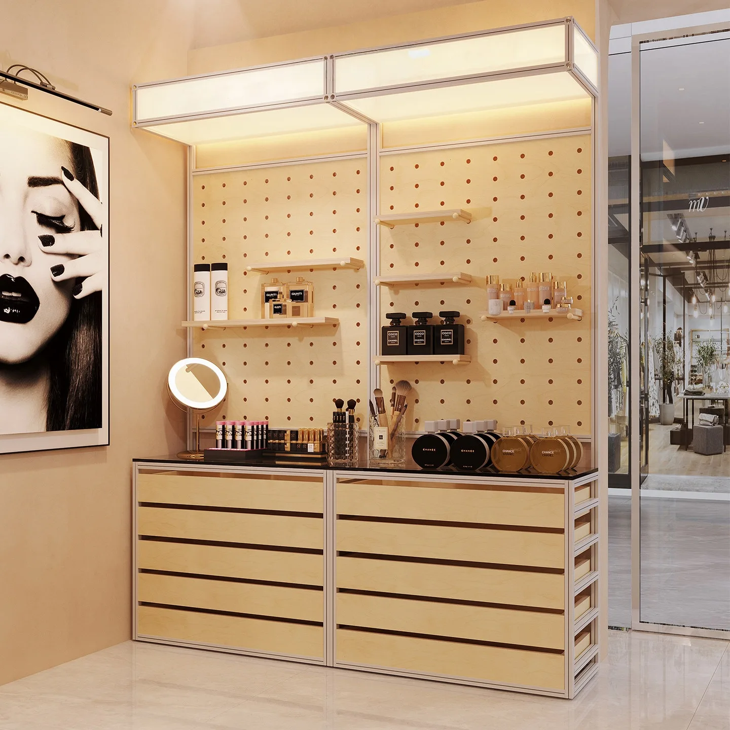 Aluminum profile ocean plate hole plate light box multi-layer storage display cabinet cosmetic storage display birch rack