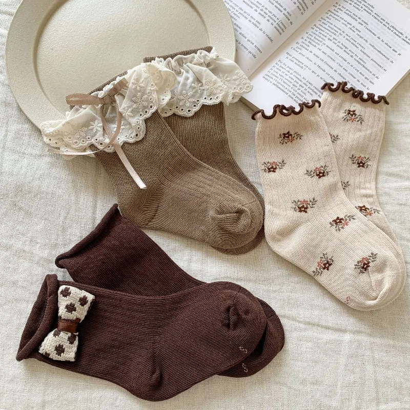

3 пары детских винтажных милых носков для девочек, кружевные носки с рюшами и бантом, цветочная вышивка, носки до щиколотки в стиле Лолиты, повседневные повседневные носки F1012