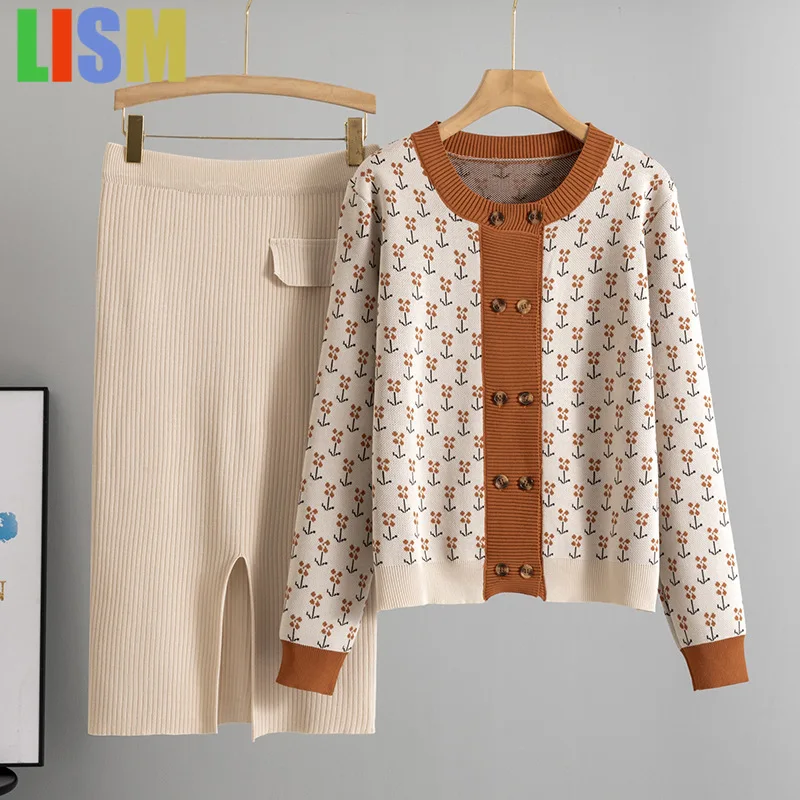 

LISM winter woman festivals outfit Half skirt set for women 2025 jacquard cardigan sweater, hip hugging skirt two-piece set