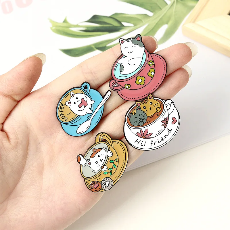 Coffee Cup Brooch Cat Brooch Coffee Brooch Coffee Shop Waiter Brooch Alloy Enamel Kitten Accessories Brooch Badge Lapel Pin