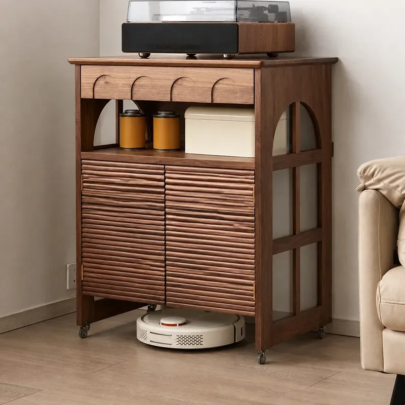 Retro Solid Wood Storage Cabinet for Robot Vacuum Cleaner Base Station Hidden Shelter Organizer with Stone Top Modern Home