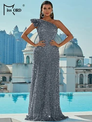 Missord Grey Sequin Wedding Party Dress Elegant Women One Shoulder Sleeveless Ruffles A-line Prom Evening Dresses Long Gown