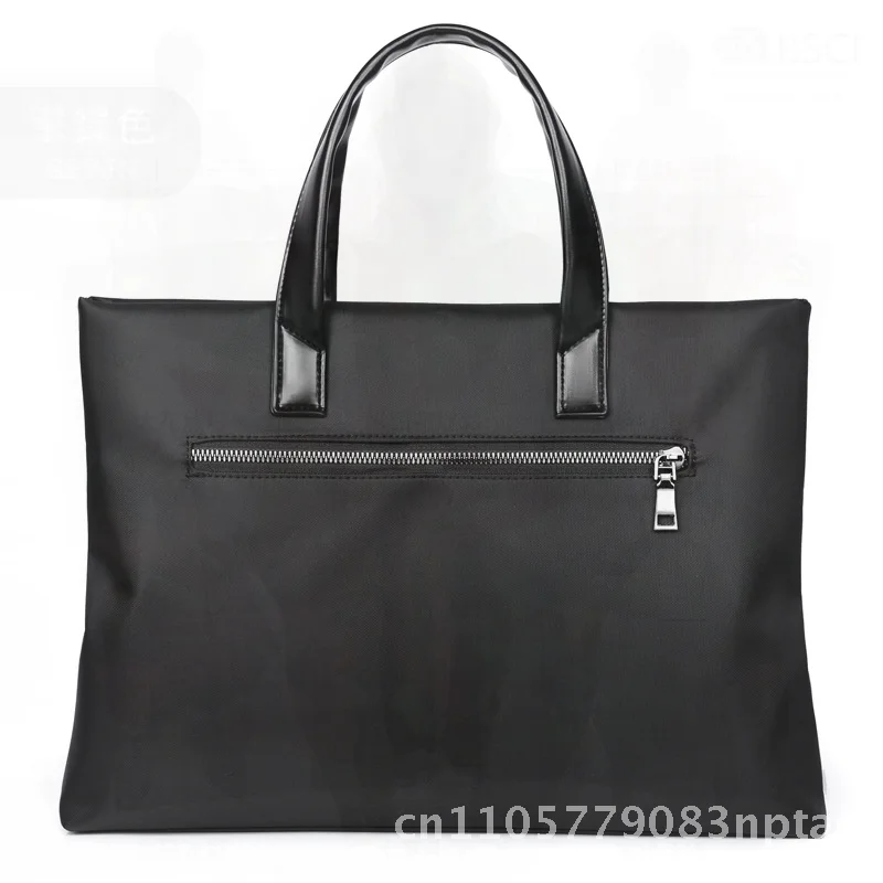 Men's Business Briefcase with Printed Logo Horizontal Zipper Solid Color Oxford Cloth Handbag for Office Meetings