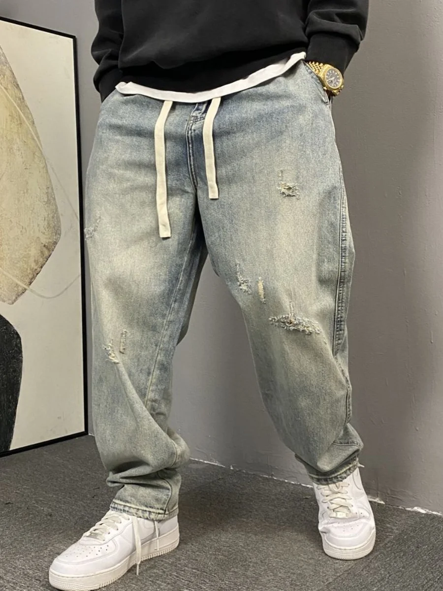 plus Size 300 Pounds Men's American Style Washed Outdated Jeans Loose Straight Leg Trousers for Summer Casual Wear
